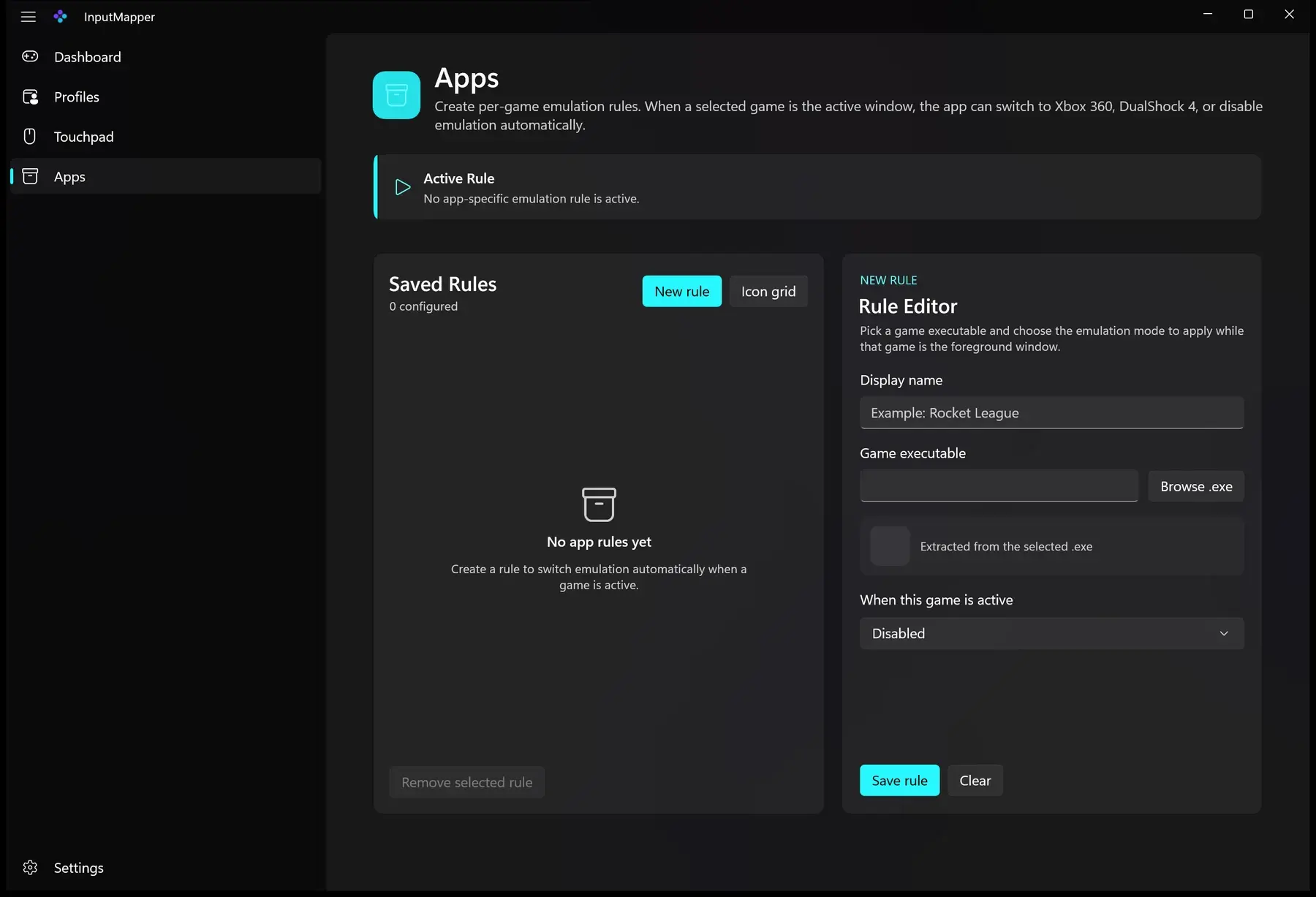 Apps page listing per-game emulation rules