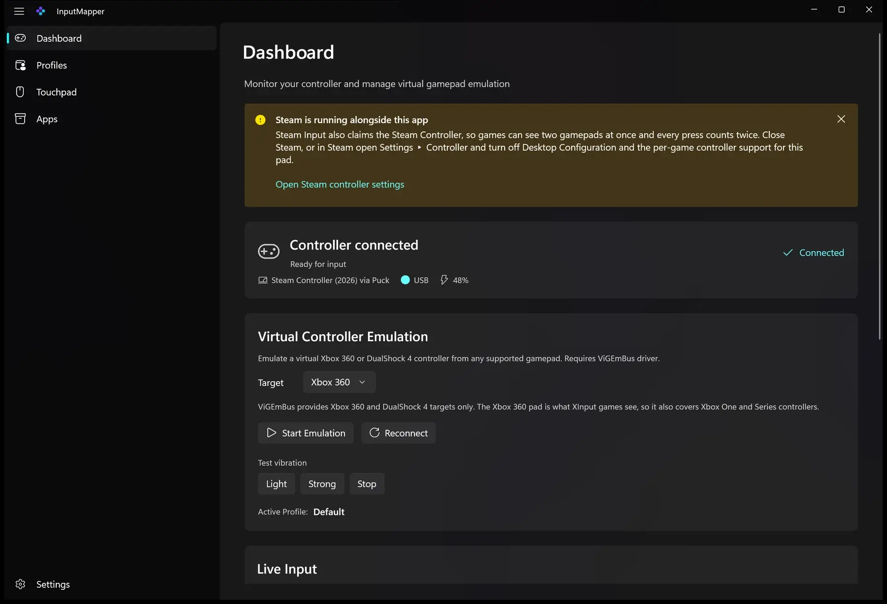InputMapper dashboard with a Steam Controller connected and the emulation controls