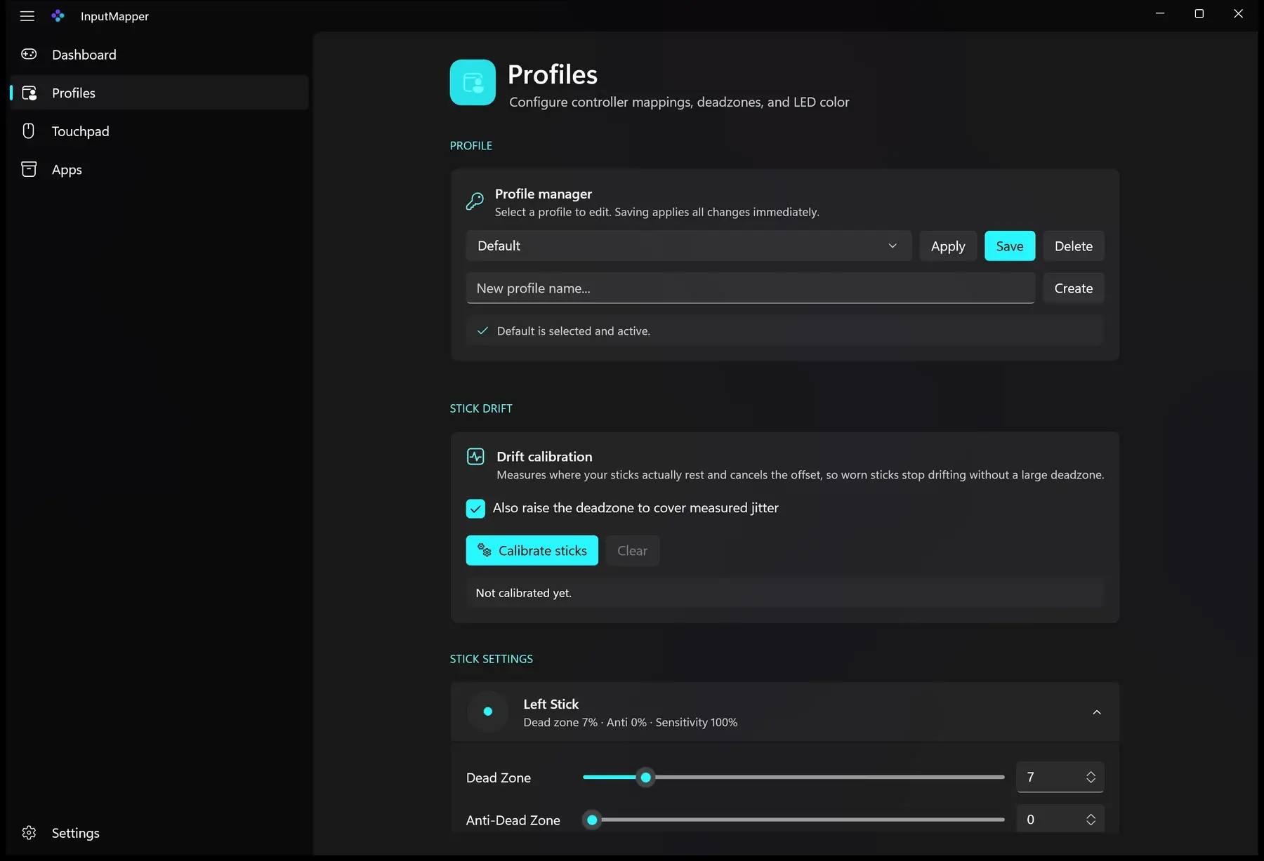 Profiles page with drift calibration and stick settings