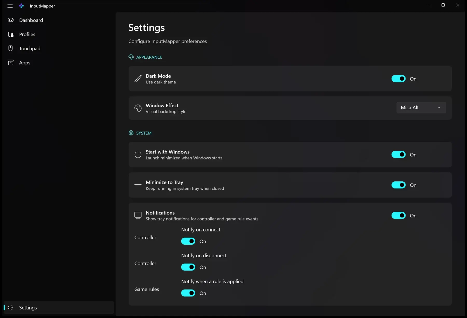 Settings page with theme, startup, notifications and polling rate